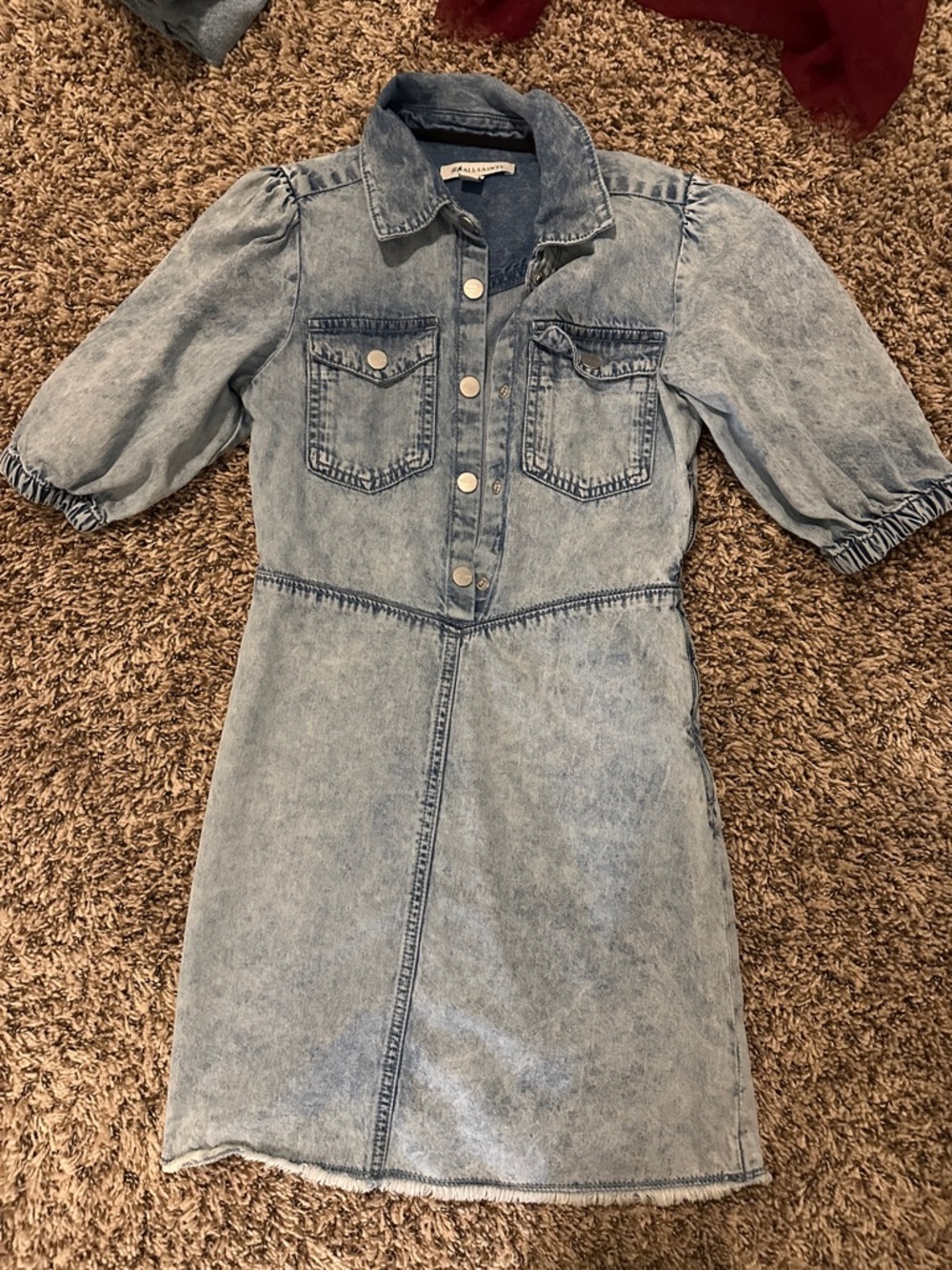 All Saints Light Blue Denim Puff-Sleeve Shirt Dress